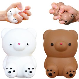2 PCS Squishy White and Brown Bear Stress Ball - Dough Fidget Toy - Stretchy Animals Squishy Toys for Kids and Adults, Squeeze Ball for Anxiety Relief, Focus, Relax