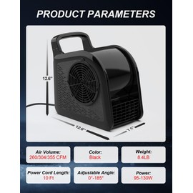 LZLXXLZL Utility Fan, 355CFM High Velocity Air Mover Floor Fan with 3 Speeds and 185° Rotation, Carpet Dryer with Removable Filter for Drying, Cooling, Ventilation for Job Site, Home Use, 12", Black