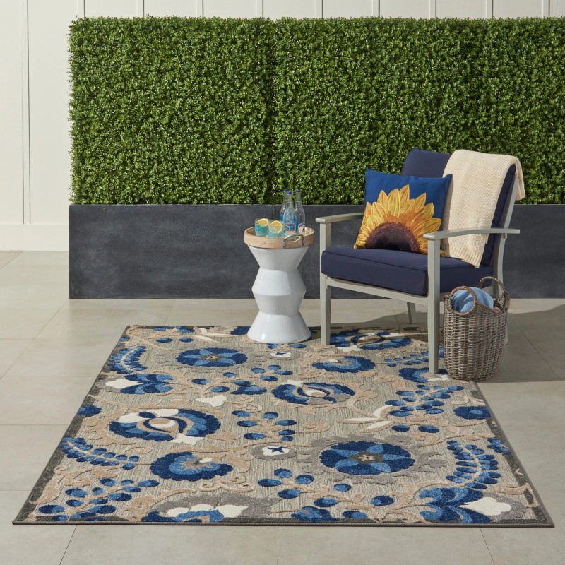 Nourison Aloha Indoor/Outdoor Floral Area Rug Grey/Blue 2'3" x 8'