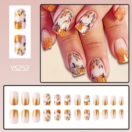 24 Pcs Thanksgiving Press on Nails Short Square Fake Nails Nude Pink False Nails with Pumpkin Design Artificial Acrylic Nails Orange Glitter Fall Press ons Reusable Glue on Nails for Women