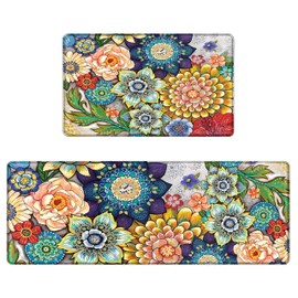 Tubeamin Boho Floral Kitchen Rugs Mats for Floor 2 Piece Memory Foam Padded Kitchen Mats Anti Fatigue Non Slip Cushioned Comfort Standing Mat, 17.3x28+17.3x47 Inch
