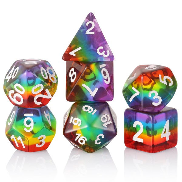HD Polyhedral DND Dice Set RPG Rainbow Dice for Dungeons and Dragons(D&D) Role Playing Game,MTG,Pathfinder,Table Game,Math Games Dice Set with Dice Pouch