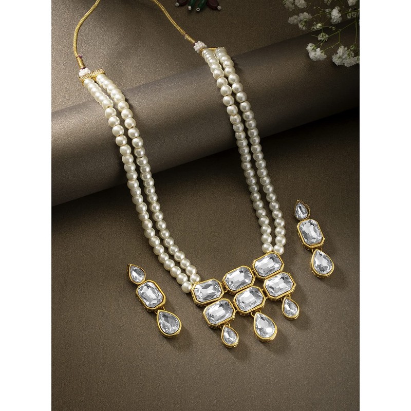 Aheli Crystal Pearl Long Collar con pendientes de caída Conjunto