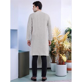 SKAVIJ Men's Handloom Cotton Solid Round Neck Kurta Long Sleeves Knee Length Casual Shirt (K005grey_Grey_X-Large)