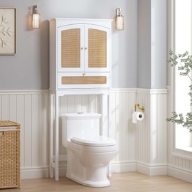 Spirich Over The Toilet Storage Cabinet with Rattan Doors, Over Toilet Bathroom Organizer with Tilt-Out Cube and Adjustable Shelf