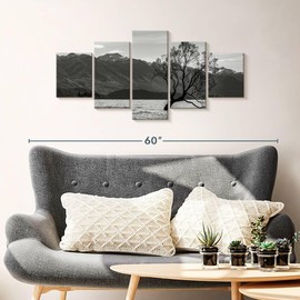Elephant Stock - Monochromatic Wanaka Lake Tree Wall Art - Horizontal Multi Panel Canvas - 5 Piece Living Room Wall Decor - Photography Floral And Botanical Multi Piece Wall Art - Gray And Black Decor - 42" x 19"
