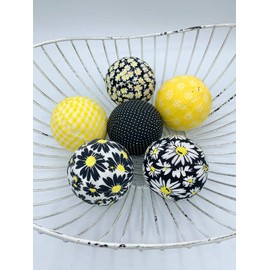 Black Yellow White Daisy fabric wrapped balls- spring summer flower bowl filler orb set
