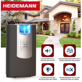 Heidemann Funkempfänger HX Flashlight (nur Empfänger, anthrazit, max. Reichweite 200 m, Lautstärke 4-stufig einstellbar bis 90 dB 8 Melodien einstellbar, Klingel, Türklingel) 70873