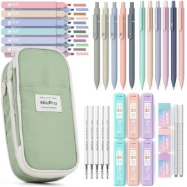 Nicpro 39 Pcs Aesthetic School Supplies With Big Capacity Pen Case, 12 Color Pas