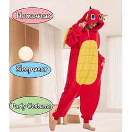 Laahoem Animal Dragon Pyjamas Unisex Adult Zip Hood Men Women Jumpsuit Costume Cosplay Sleepwear, red