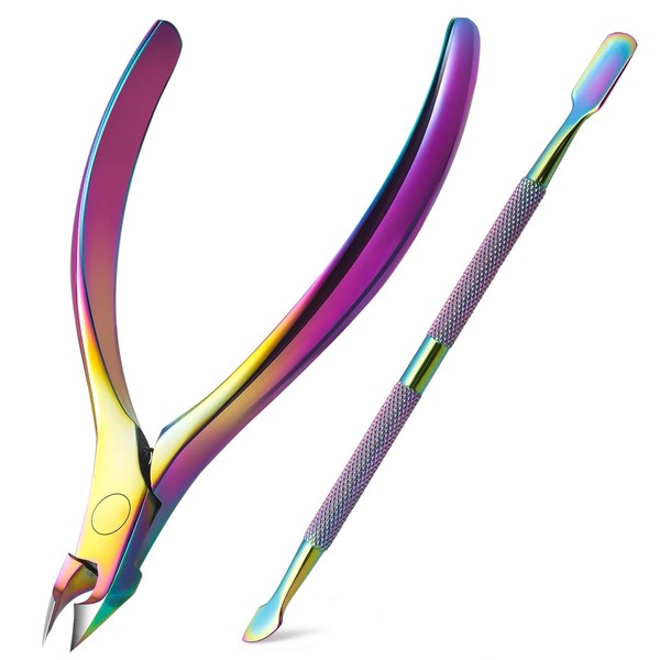 BEZOX Cuticle Clippers with Cuticle Pushers Set - Precise Cuticle Nipper and Under Nail Cleaner Kit for Salon or Home Use - Rainbow Stainless Steel Cuticle Tools