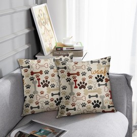 Emvency Set of 2 Decorative Throw Pillow Cover King Size 16x16 Inches Dog Bones and Paw Prints Pillowcase with Hidden Zipper Decor Cushion Gift for Home Sofa Bedroom Couch Car