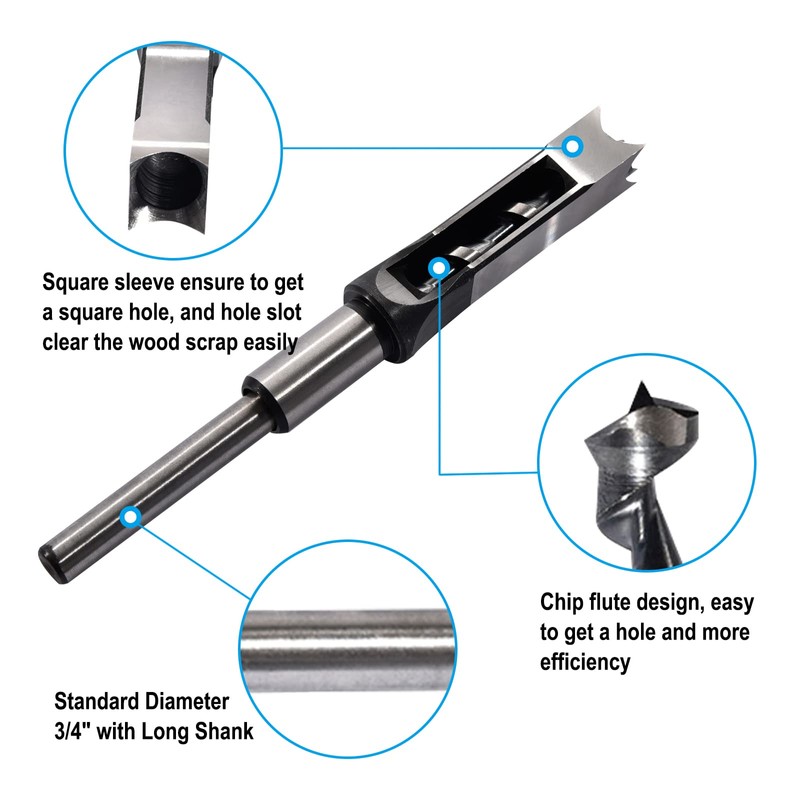 Woodworker 3/4 Inch Square Hole Drill Bits Mortising Chisel Set,