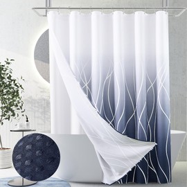 Naturoom Navy Blue Shower Curtain and Liner Ombre Waffle Fabric Shower Curtain and Liner Set Dark Blue and White Shower Curtain Set with Hooks,Heavyweight Fabric Indigo 72 x 72