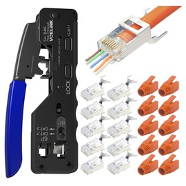 VCELINK GJ671BL Crimp Tool RJ45 Network Crimper Professional RJ11 with 10PCS Cat7 Pass Through Shieled Connectors 10PCS RJ45 Boots Cover