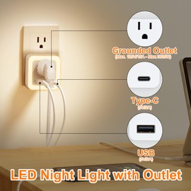 JackonLux Night Lights Plug Into Wall 2 Pack Rechargeable Battery Backup Light Dusk to Dawn Sensor Night Light with Outlet Expander for Adults Kids Bedroom, Kitchen, and Bathroom (Soft White - 3000K)