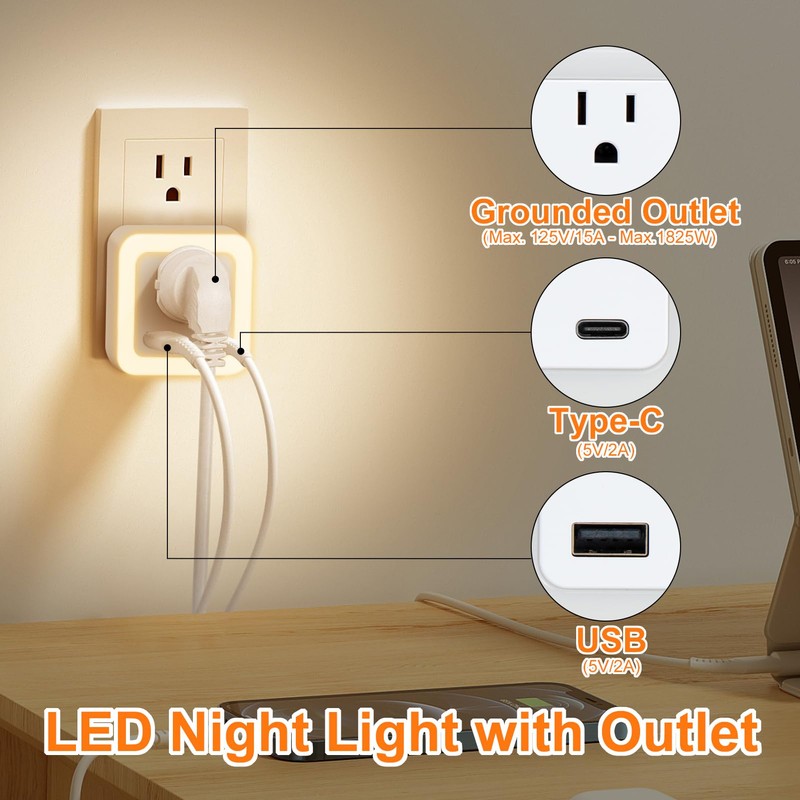 JackonLux Night Lights Plug Into Wall 2 Pack Rechargeable Battery