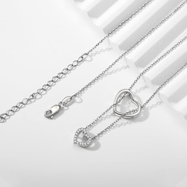 Heart Necklace 925 Sterling Silver Heart Pendant Heart Shape Chain Double Heart Jewellery Gift for Girls Women Children, Sterling Silver, Cubic Zirconia