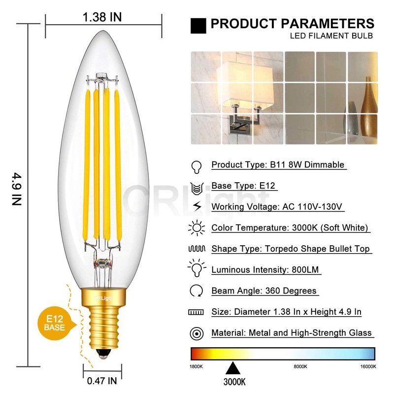 CRLight 8W Smooth Dimmable LED Candelabra Bulb, 3000K Soft White