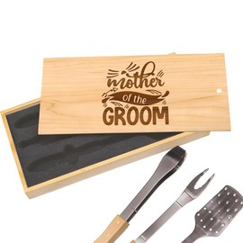 Decorative Mother of the Groom BBQ Tools: mother of the GROOM - Elegant Script for Groom's Mother, Premium Stainless Steel Spatula, Tongs & Fork, Custom Box for Wedding Celebration