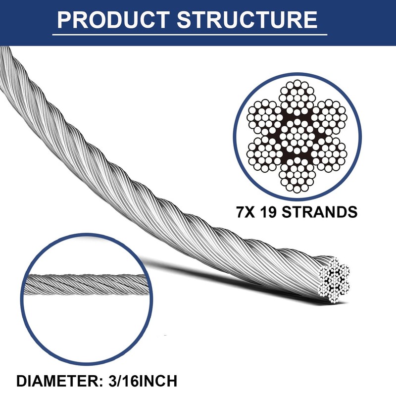 hannger 3/16 Stainless Steel Cable, 100ft Wire Rope, 7X 19