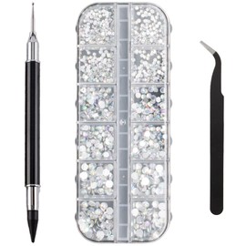 Rhinestones Nail Gems for Nail Art, Flat Back Gems Nail Rhinestones for Nails 1500 Nail Decorations for Nail Art with Tweezers and Picker Pen