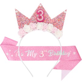 SuPoo 3rd Birthday Sash & Birthday Girl Headband Crown Set 3rd Birthday Decorations for Girl Flower Princess Tiara Glitter Pearl Hair Band 3 Year Old Happy Birthday Party Outfit Accessory