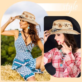 Unittype 14 Pcs Cowgirl Accessory Set Woven Straw Cowboy Hat with Cowboy Hat Band Bohemian Turquoise Jewelry for Woman