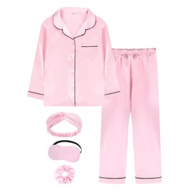 EPLAZA Kids Satin Pajamas Sets Girls Boys Button-Down Silky Pajamas Sleepwear with Hairband Eye Mask Hair Tie (Pink, 150)