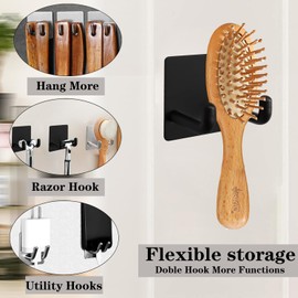 Vanloory Razor Holder, Self Adhesive Towel Hooks for Bathroom, 4 Pack Stainless Steel Sticky Shower Razor Hook Waterproof Shaver Hanger Double Wall Hooks for Hanging Plug Loofah Robe(Matte Black)