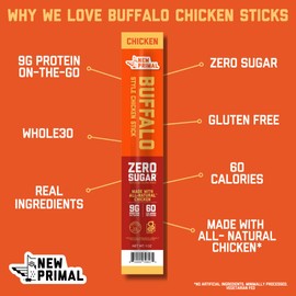 New Primal Buffalo Chicken Sticks, Keto, Gluten Free Healthy Snacks, Sugar Free Low Carb High Protein, Jerky Meat Stick, 9g Protein, 5 Pack