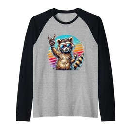 Raccoon Sunglasses Rock'n'Roll Retro Cool Animal Style Raglan Baseball Tee