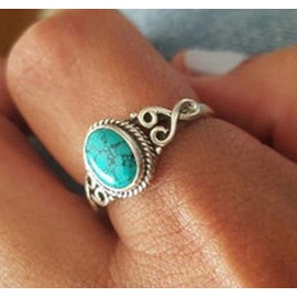 Cuteshop Genuine Women's 925 Sterling Silver Ring Oval Cut Natural Bohemia Turquoise Jewelry Birthday Proposal Hollow Engagement Party Band Rings Size 6-10 (6)