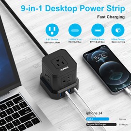 TOPREK Power Strip with USB, USB C (3.0A) Power Strip with 5 Outlets, 1 USB-C & 3 USB-A, 5 FT Flat Extension Cord with Ultra Thin Flat Plug, Surge Protector Compact for Home Office, Dorm, Hotel Travel