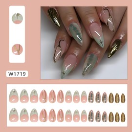 Almond French Tip Press on Nails 3D Gold Stereoscopic Effect Fake Nails French Light Green False Nail Tips with Line and Star Designs Glossy Full Cover Glue on Nails Stick on Nails for Women Nail Art