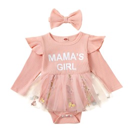 Covvoliy Baby Girl Fall Clothes Cute Long Sleeve Mesh Tutu Romper Dress Infant Newborn Dress (MAMA'S GIRL-Pink, 0-3 Months)
