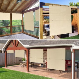 Windscreen4less 5'W x 7'H Outdoor Roll Up Foldable Shade Fabric UV Blockage Roller Shade for Deck Pergola Yard Gazebo Patio (Beige)