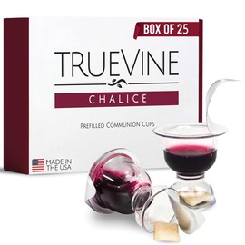 TrueVine Chalice Communion Cups and Wafer Set - Prefilled Cups w/Fresh Unleavened Bread & Grape Juice - Carefully Packaged & Easy to Open Elements for your Church Services, Fits in Trays (25 Count)