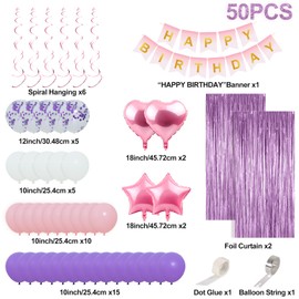 Pink Purple Birthday Decorations Set,50pcs Pink Purple White Balloons,Happy Birthday Banner,Fringe Curtain,Hanging Swirls,Pink White Birthday Balloons For Girls Women Birthday Decoration Christening