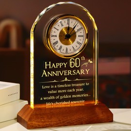 YWHL 60th Wedding Anniversary Clock Gifts for Parents Grandparents, 60 Years Anniversary Couple Gift, Table Clock Glass Presents with Wooden Light Base for Home Decoration (Battery not Included)