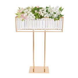 RocoReny Gold Wedding Crystal Centerpieces Flower Stand, 35.4in T-Stage Tabletop Metal Vases with Hanging Crystals Rectangular Chandelier Pedestal Stand for Party, Wedding Arrangement Decoration