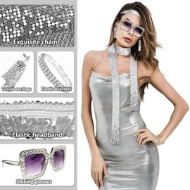Pack of 6 Disco Accessories, dellyy 70s 80s Costume Accessories Accessories, 70s Disco Outfit Women's Accessories, Disco Accessories, Sequin Earrings Headband Rhinestone Bracelet Necklace Sunglasses