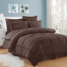 Sweet Home Collection 8 Piece Bed In A Bag with Dobby Stripe Comforter, Sheet Set, Bed Skirt, and Sham Set - King - Chocolate