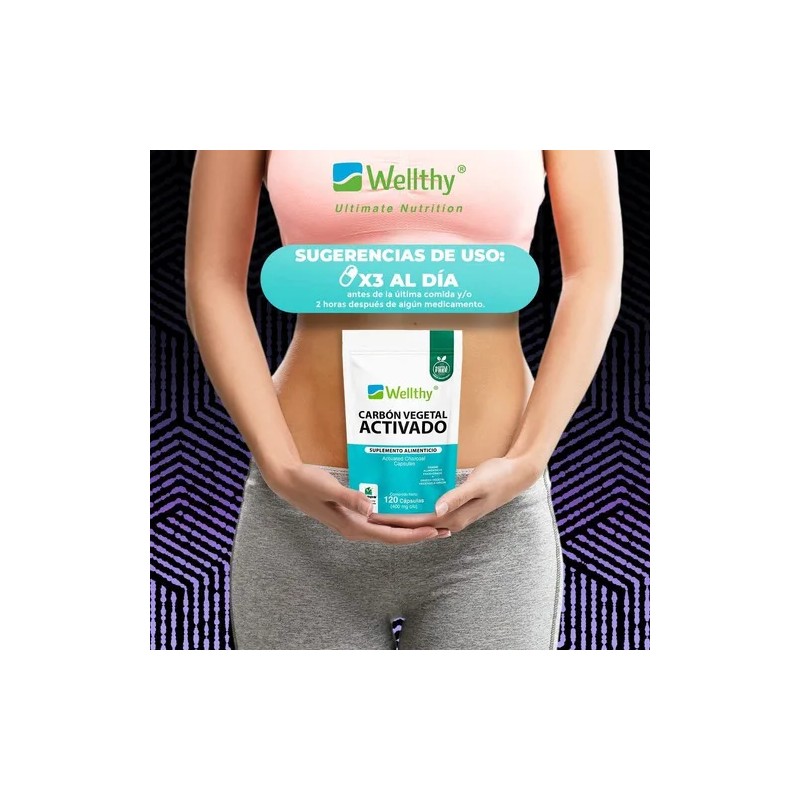 Carbón Vegetal Activado 120 Cápsulas - Wellthy Sabor Sin Sabor
