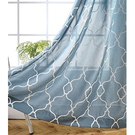 MIUCO Moroccan Embroidered Semi Sheer Curtains Faux Linen Grommet Window Curtain for Living Room 52 x 84 Inch 2 Panels, Dusty Blue