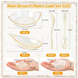 200 Count Gold Mini Appetizer Plates Set with 50 Tear Drop Spoons and Forks, 50 Plastic Square Plates with Spoons, Leaf Shape Dessert Bowls with Forks, Dessert Tray for Party