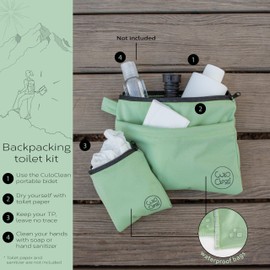 CuloClean Hygiene bag for hiking + Portable travel bidet portatil + bottle. Personal hygiene kit for hikers, leave no trace (LNT) while hiking in the countryside.