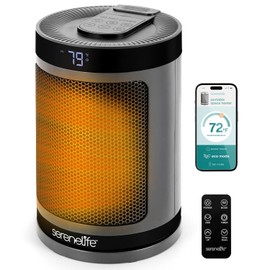 SereneLife Smart Space Heater – 1500W Indoor Electric Heater with Thermostat, Remote Control, 12-Hour Timer, Wi-Fi Enabled PTC Ceramic Heating for Home and Office, Gray (5.9" x 5.9" x 9.5")