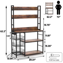 Chnnmbrn Kitchen Bakers Rack with Baskets and Power Outlet,5-Tier Kitchen Utility Storage Shelf with Hooks, Microwave Oven Stand Rack,Vintage Brown Free Standing Kitchen Shelf (Brown)