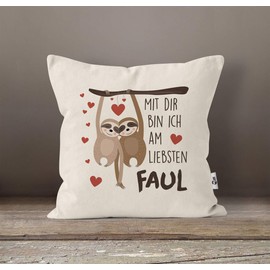MoonWorks® Cushion Cover Saying "Mit dir Bin ich am liebsten faul Sloth Gift Love Friendship Valentine's Day Birthday Boyfriend Girlfriend Nature One Size